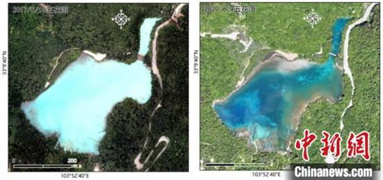 五花海水体震后(2017年8月10日，左)和经过近三年的修复(2020年6月9日，右)的遥感影像对比。中科院空天院付碧宏研究员团队 供图
